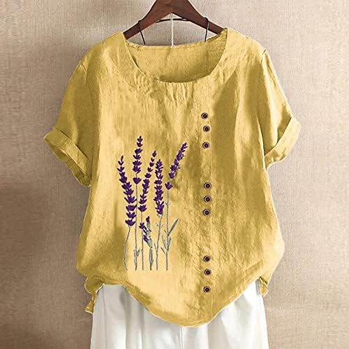 Sarı Kısa Kollu Gömlek Bayan Sonbahar Yaz Crewneck Keten Pamuk Çiçek Grafik Salonu Gevşek Fit Çim Üst T Shirt Bayan