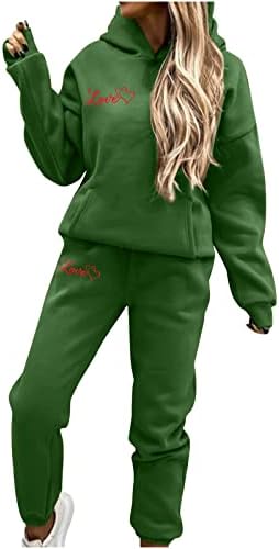 CJHDYM kadın Eşofman Setleri Nakış Aşk Baskı Uzun Kollu Hood Kazak Tops Sweatpant 2 Parça Spor Kıyafetler