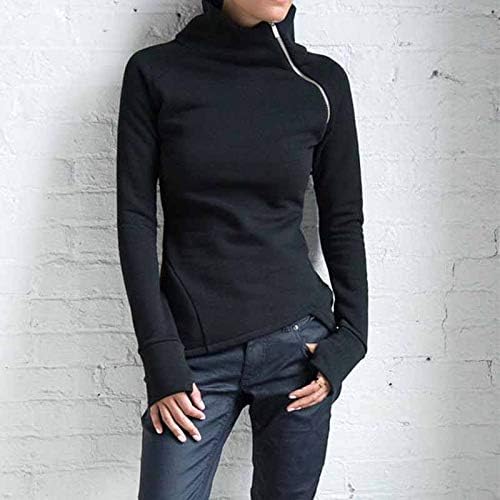 WYTong Kadınlar Casual Uzun Kollu Balıkçı Yaka Kazak Tişörtü Katı Üstleri Fermuarlı Moda İnce Bluz (Siyah, L)