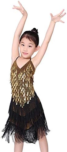 Venjoe Çocuk Kız Sparkly Sequins Latin Salsa Rumba Dans Püskül Elbise Kostüm Çocuklar Balo Salonu Giyim