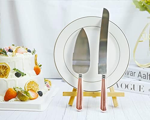 VARLKA Düğün kek bıçağı ve Sunucu Seti, Düğün için Kek Kesme Seti Paslanmaz Çelik Bıçak ve ABS Gül Altın kaplama sap