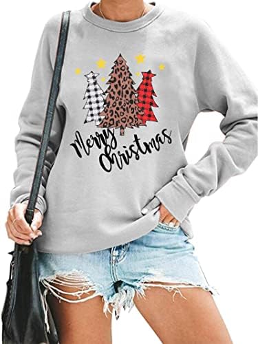 EGELEXY Merry Christmas T Shirt Kadın Noel Leopar Piald Ağaçları Baskı Kazak Rahat Uzun Kollu Tatil Bluz