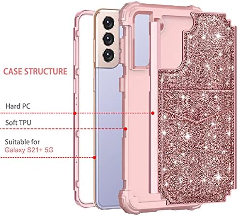 LONTECT Galaxy S21 Artı 5G Durumda kart tutucu ile Glitter Sparkly Bling Darbeye Dayanıklı Hibrid Sağlam Yüksek Darbe
