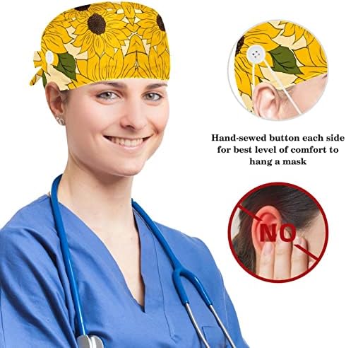 Düğmeli Ayarlanabilir Çalışma Başlığı, Güzel Ayçiçeği Desenli Cerrahi Başlık Ter Bandı, Fiyonklu Şapkaları Geri Bağlayın