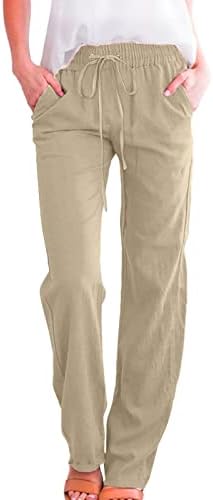 Rahat Yaz Pamuk Keten Pantolon Kadınlar için Geniş Bacak cepli pantolon Baggy Düz Renk Düz Bacak Pantolon plaj pantolonları