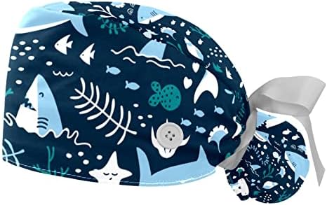 Düğmeli Kadınlar için Tıbbi Kapaklar Uzun Saç, 2 Parça Ayarlanabilir Çalışma Kapağı, Okyanus Köpekbalığı Mavisi