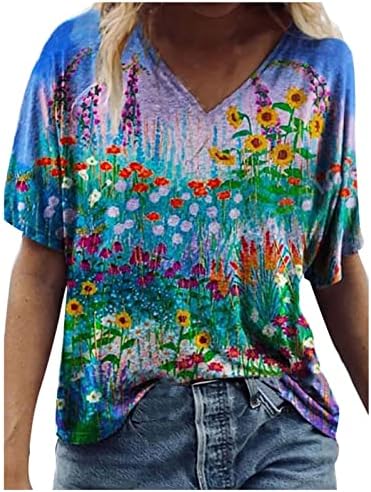 Bayanlar Kısa Kollu T Shirt Kelebek Boyama Grafik Bluzlar T Shirt V Boyun Rahat Yaz Sonbahar T Shirt 7Y