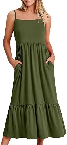 SERYU kadın 2023 Yaz Spagetti Kayışı Kare Boyun Elbise Rahat Bir Çizgi Salıncak Plaj Maxi uzun elbise Cepler ile