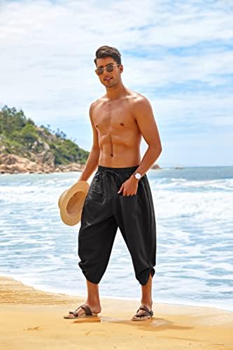 COOFANDY erkek Keten harem pantolon Rahat Elastik Bel Capri Pantolon Baggy Plaj Yoga cepli pantolon