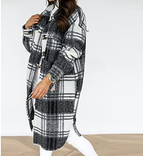 Shacket Ceket Kadın Kış Uzun Kollu Düğme Gömlek Tops Artı Boyutu Hırka Ekose Giyim Yaka Uzun Palto