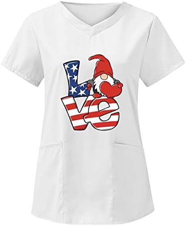 4th Temmuz Tee Gömlek Kadınlar için Amerikan Bayrağı Yaz Kısa Kollu V Boyun Tees 2 Cepler Bluzlar Tatil Rahat İş Giysisi