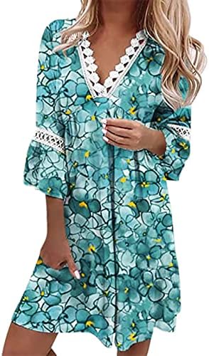 F_Gotal Kadın Yaz Sundress Boho Düz Midi Elbise Yüksek Bel İmparatorluğu Dantel Elbise Hollow Out 3/4 Kollu Salıncak