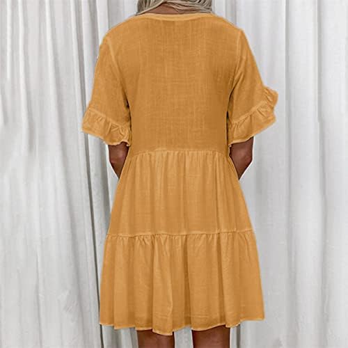 Nxxyeel Yaz Elbiseler Kadınlar için 2022 Katı Henley V Boyun Çan Kollu Fırfır Dökümlü Rahat Gevşek Rahat Babydoll