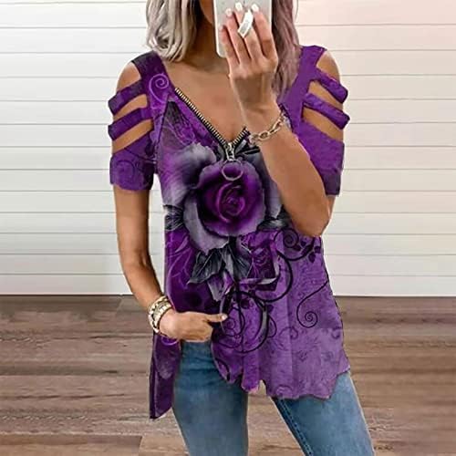 Kadınlar için yaz Bluzlar 2023 Moda Çiçek Soğuk Omuz Kısa Kollu Zip V Boyun Dökümlü Tunik Üstleri Şık Gömlek