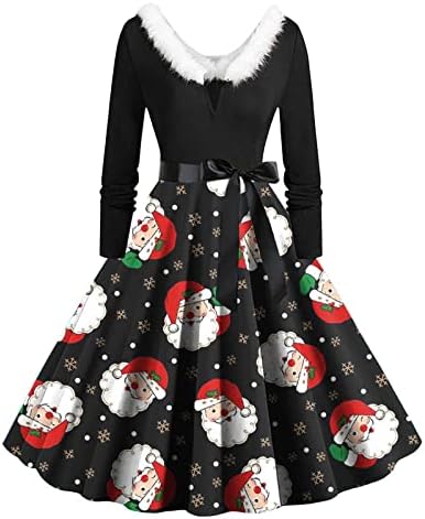 Bayan Noel Elbiseler Kardan Adam Baskılı Tatil Vintage Bulanık V Boyun Elbise Uzun Kollu Kokteyl Resmi askı elbise