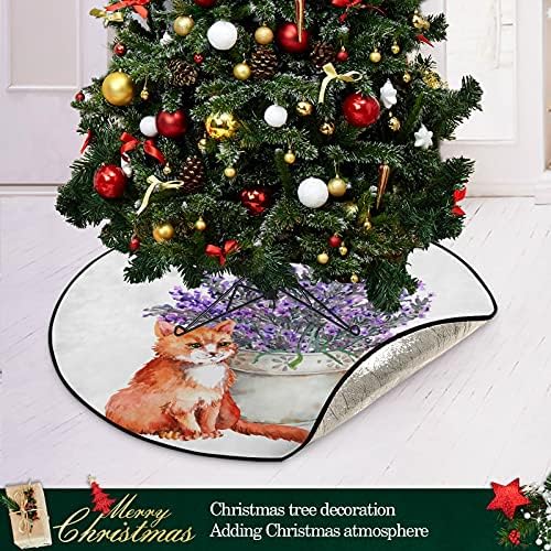 Kedi Vintage Lavanta Çiçekleri Noel Ağacı Mat Su Geçirmez Ağaç Standı Tepsi Mat Halı Noel Ağacı Aksesuar Altında Noel
