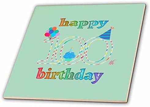 3dRose 100. Doğum Günün Kutlu Olsun, Mumlu Kek, Balonlar, Şapka, Renkli Fayanslar (ct_350712_1)