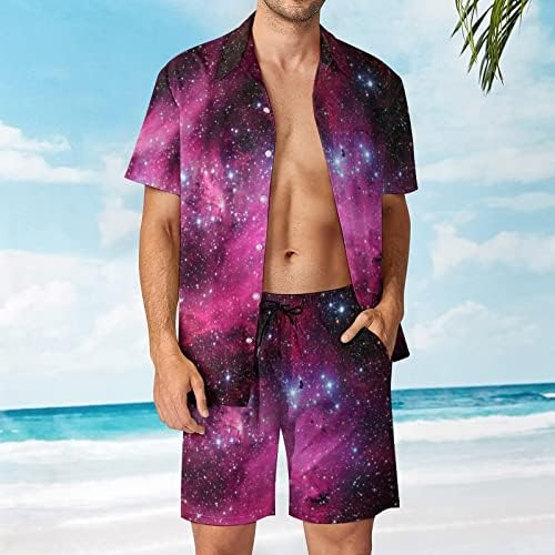 Bulutsusu Kırmızı Galaxy Erkekler 2 Parça Hawaii Seti Düğmeli Kısa Kollu Gömlek plaj pantolonları Gevşek Fit Tees